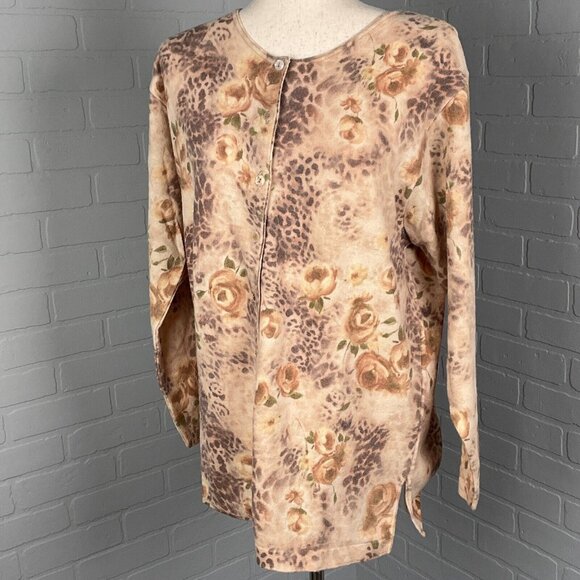 Gabriella T. Cardigan Women Medium Beige‎ Tan Rose Leopard Art Grandma Sweater - Picture 1 of 11